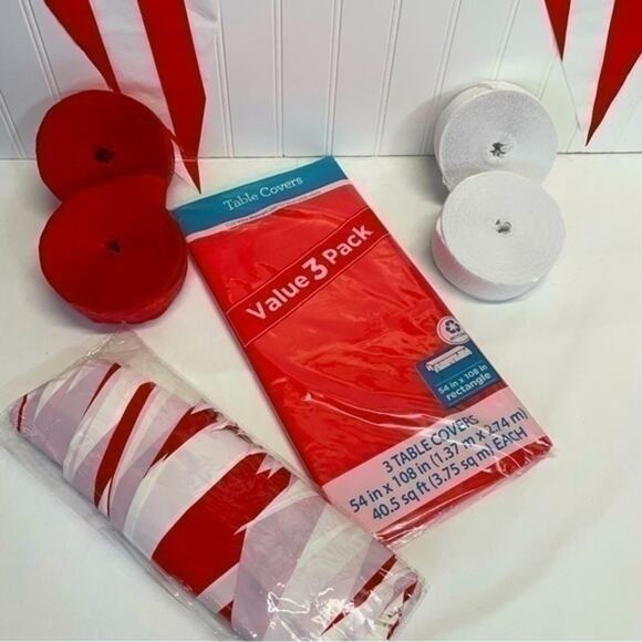 Red White Party Supplies Pennant Banner Table Covers Streamers Bundle - Picture 1 of 5